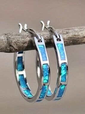 Blue Opal Inlay Hoop Earrings - Silver Tone